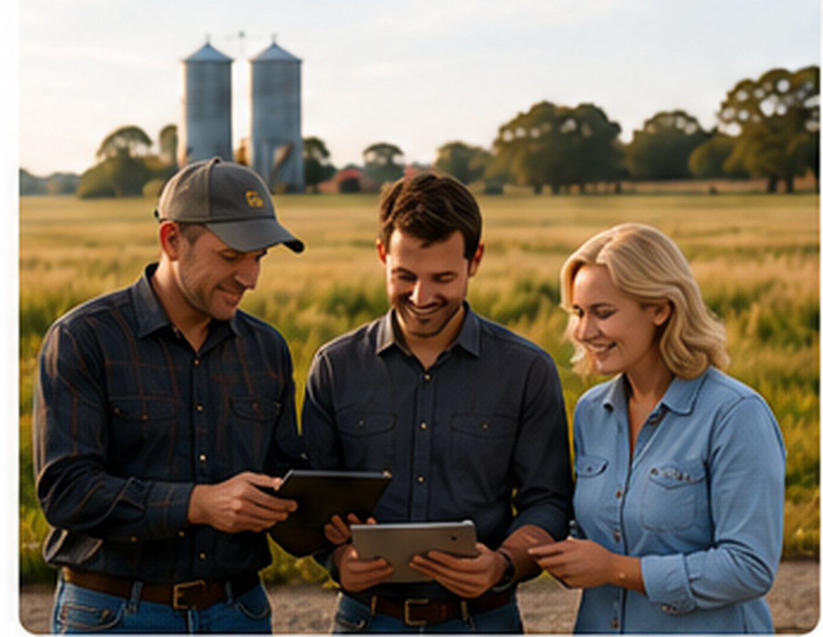Rural business family reviewing a tablet